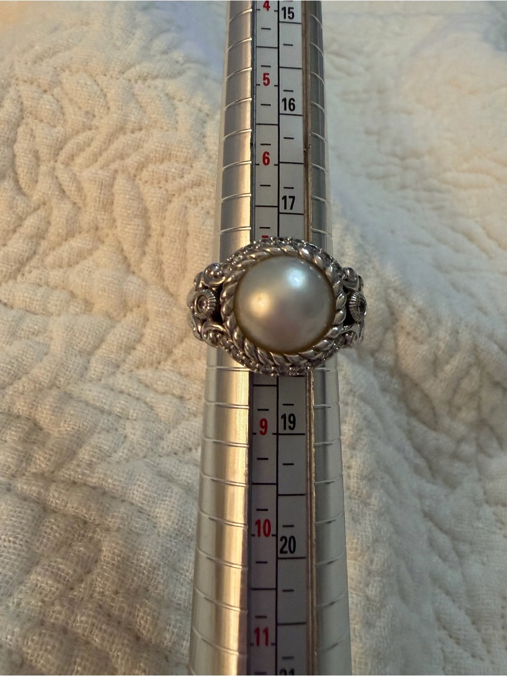 Judith Ripka Silver Ring with Pearl Center and Braided Floral Motif